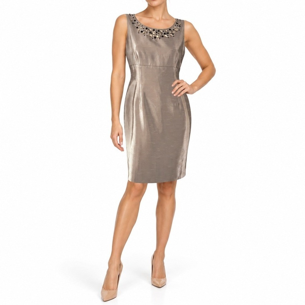 Kasper Sheath Dress Women 8 Champagne Beaded Neckline Cocktail Wedding Guest